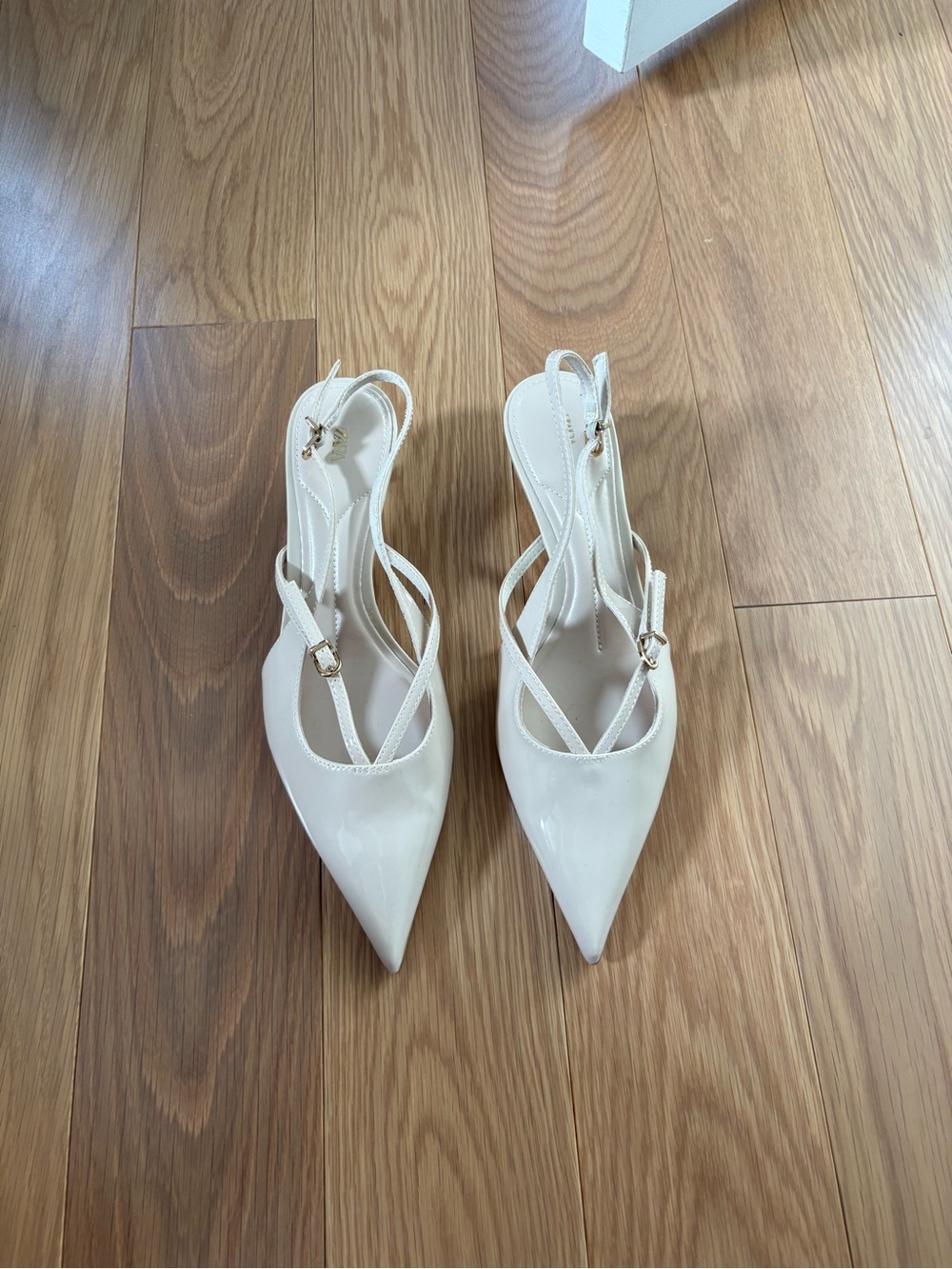 Zara Cream Patent Pointed Slingback Heels